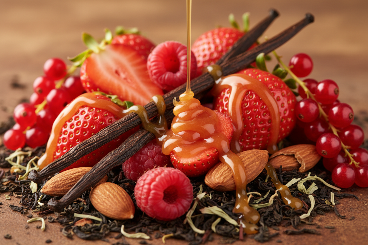 peux tu mettre en avant de la vanille, des fruits rouge, des amandes et du caramel ? tout ca mélangé à des feuilles de thé 